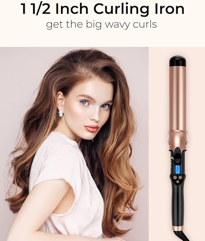 1 1/2 inch Extra Long Barrel Curling Iron 1.5 Inch Large Barrel for Long Hair Ceramic Tourmaline