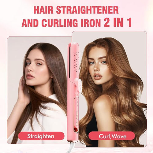 2 in 1 Hair Straightener and Curler Dual Voltage &amp Adjustable Temps 360° Curling Wand - Titanium Flat Iron Hair Straightener for Long-Lasting Curls and Straightener Airflow Styler Curling Iron