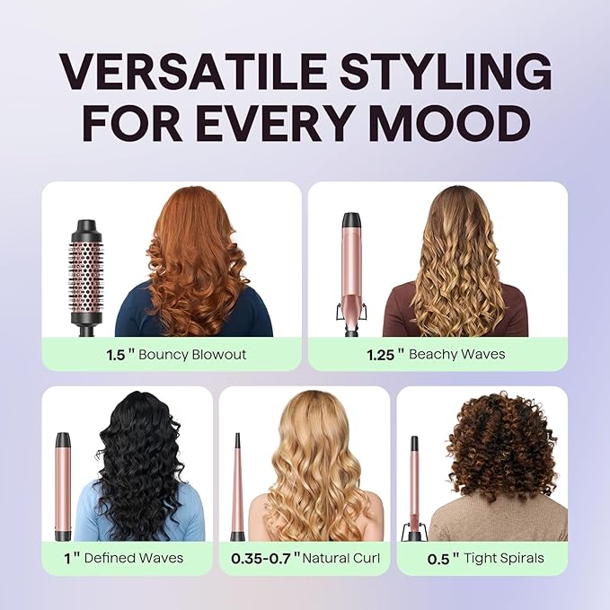 Wavytalk 5 in 1 Curling Iron Set with Curling Brush and 4 Interchangeable Ceramic Curling Wand (0.35-1.25”) Wand Curling Iron Instant Heat Up Dual Voltage Hair Curler