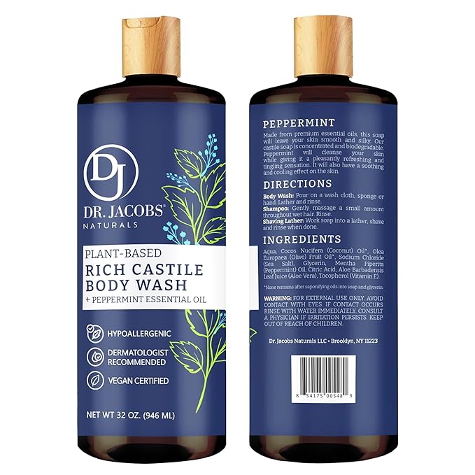 Dr. Jacobs Naturals Castile Peppermint All-Natural Body Wash for Moisturizing Dry and Sensitive Skin with Plant-Based Ingredients with Pump - 32 Ounce