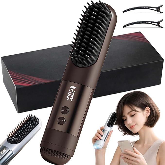2026 Short Hair Styling ToolsCordless Styling Brush for Short HairUSB Rechargeable Portable Wireless Hair Straightening Brush3 Heat Settings &amp Led Screen for Travel (Black)