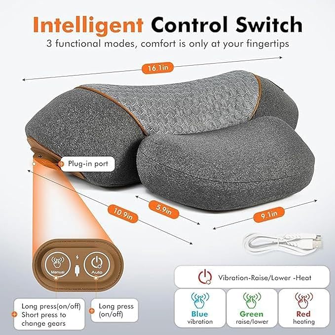 Heapls 3 in 1 Neck Massage Pillow 3 Function Modes - Traction and Lifting/Bionic Massage/Smart Heat Compress Massages for Stress Relief &amp Neck Nervous Alleviation for Office &amp Home (Black)