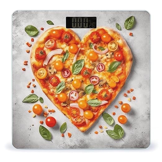 Tomato Heart Shaped Pizza Scale for Body Weight Anti-Slip Tempered Glass Digital Bathroom Scales Clear LCD Display Weighing Scale Safe Rounded Corners Smart Scales