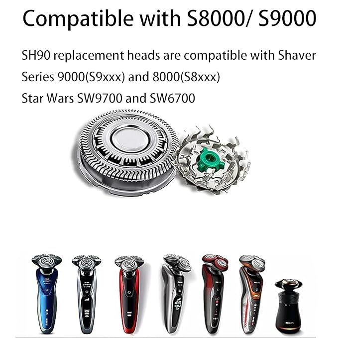 SH90 Replacement Rotary Heads for Philipss Norelcos Shavers Series 9000 New Version of Metal Wheel Buckle and Upgrade Double Layer Precision Blades (1-Pack)