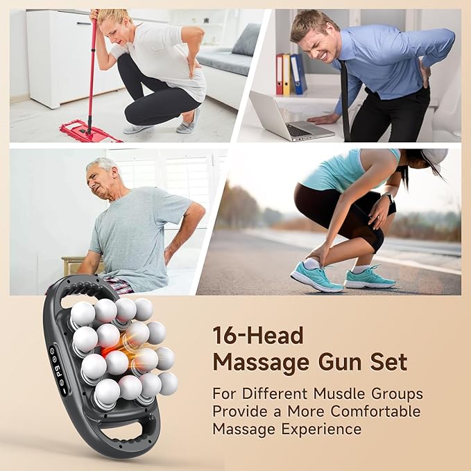 16 Head Massage Gun Deep TissuePercussion Massager with 9 Modes &amp 9 IntensitiesBack Massager for Pain Relief Deep TissueNoise-Freefor ShouldersLegsFootNeck MassagerMassage Tools (Dark Grey