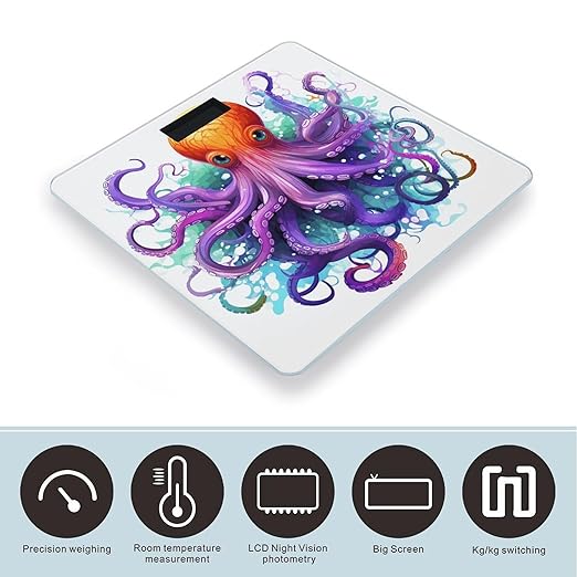 Colorful Octopus Scale for Body Weight Safe Rounded Corners Tempered Glass Digital Bathroom Scale LED Display 400lb Capacity Weight Scales with High Precision Sensors