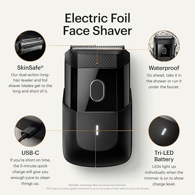 MANSCAPED® The Handyman™ Compact Face Shaver – Portable Men’s Travel Facial Hair Groomer USB-C Rechargeable Razor Electric Foil Face Shaver Waterproof Cordless Dual-Action SkinSafe® Foil Blades
