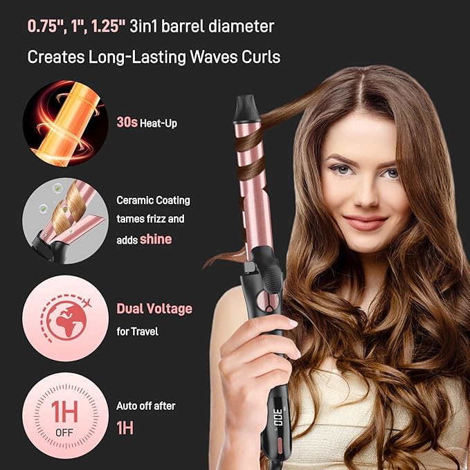 3in1 Automatic Rotating Curling Iron with Interchangeable Curling Wand 3/4 1 1/4 1 Inch
