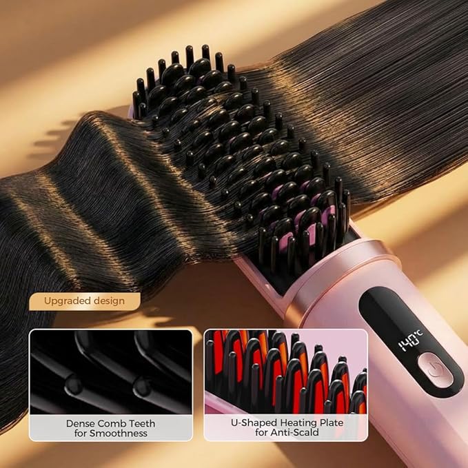2026 New Hair Straightener Brush Cordless Hair Straightener Brush for Short Hair Mini Portable Straightening Hair Comb with 4 LCD Temperature Display Fast Heating for Women Travel Essential (Green)