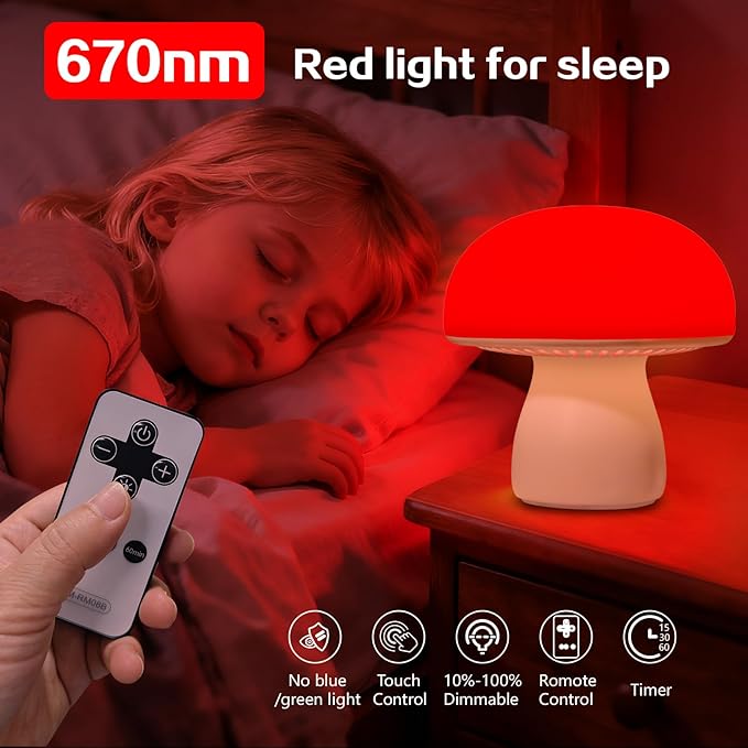 PowerTalk 670nm Red Light Lamp for Bedroom Sleep Dimmable Mushroom Red Night Light with Timer Remote &amp Touch Control for Baby Kids Adults - Portable and Rechargeable[2026 Upgrated Red Light Ther