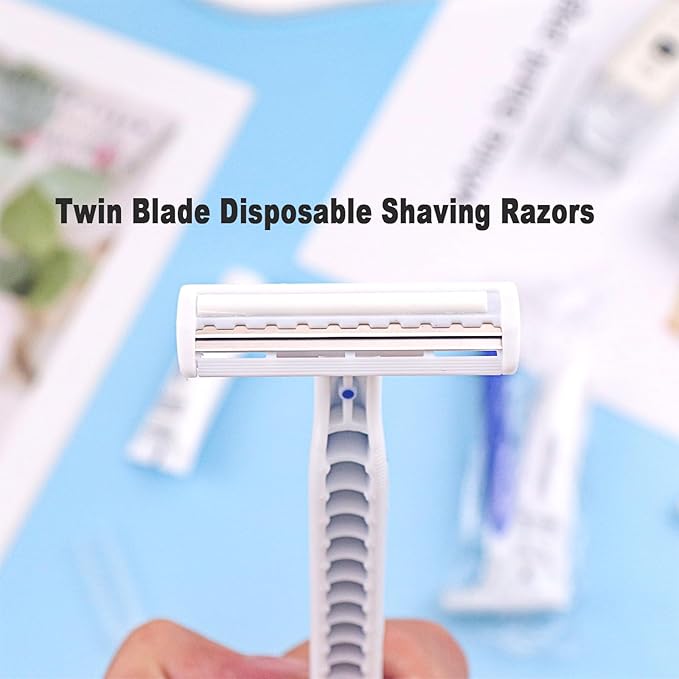 Disposable Razors in Bulk Pack of 120Blue Disposable Shaving Razors Individual Wrapped Twin Blade Bulk Disposable Razors with Clear Cap and 10g Shaving Cream for HomelessHotelTravelCharityShelter