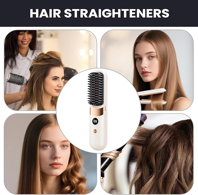 Hair Straightener Brush - Rechargeable with 4 Temperature SettingsHair Straightener Comb Cordless - for Home Travel Apartment College Dorm Vacation Women Wife Family
