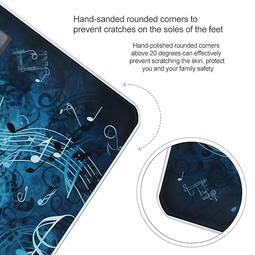 Blue Musical Notes Scale for Body Weight Safe Rounded Corners Tempered Glass Digital Bathroom Scale LED Display 400lb Capacity Weight Scales with High Precision Sensors