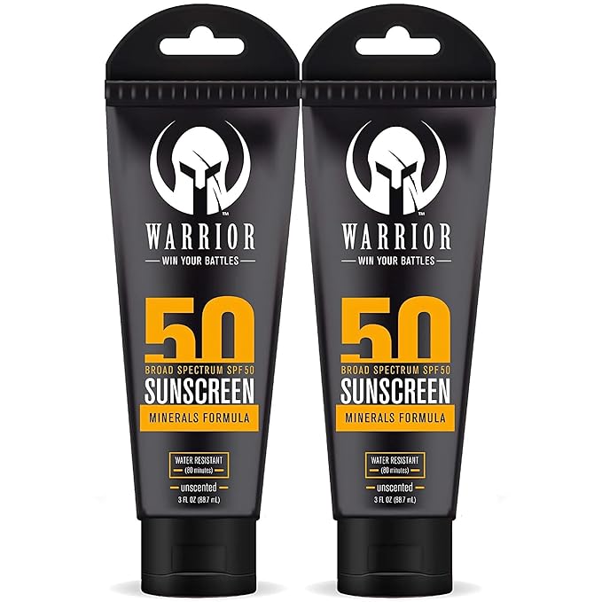 Warrior SPF 50 Sunscreen Lotion (2 Pack) - Reef Safe Unscented Lotion Water Resistant - 3 Fl. Oz Each - Carabiner Clip for Travel Products and More