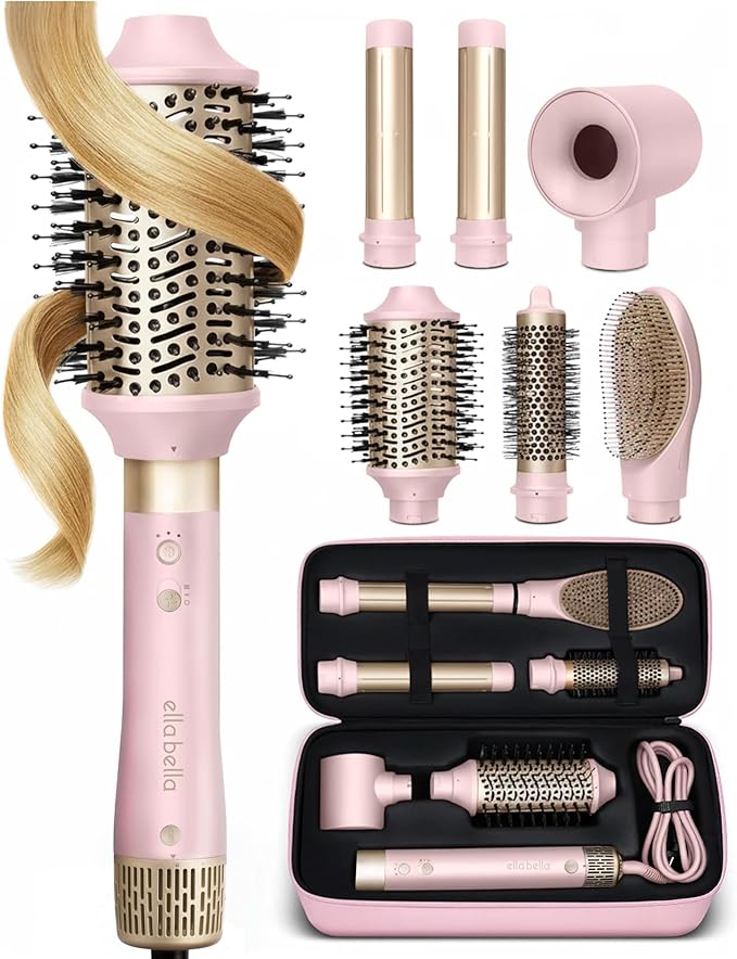 ELLA BELLA® 6 in 1 Professional Hot Air Styler • Powerful Hair Dryer &amp Straightener Set • Styling Without Heat Damage • Fast Drying Curling Volumizing Straightening • Includes Protective Travel Ca