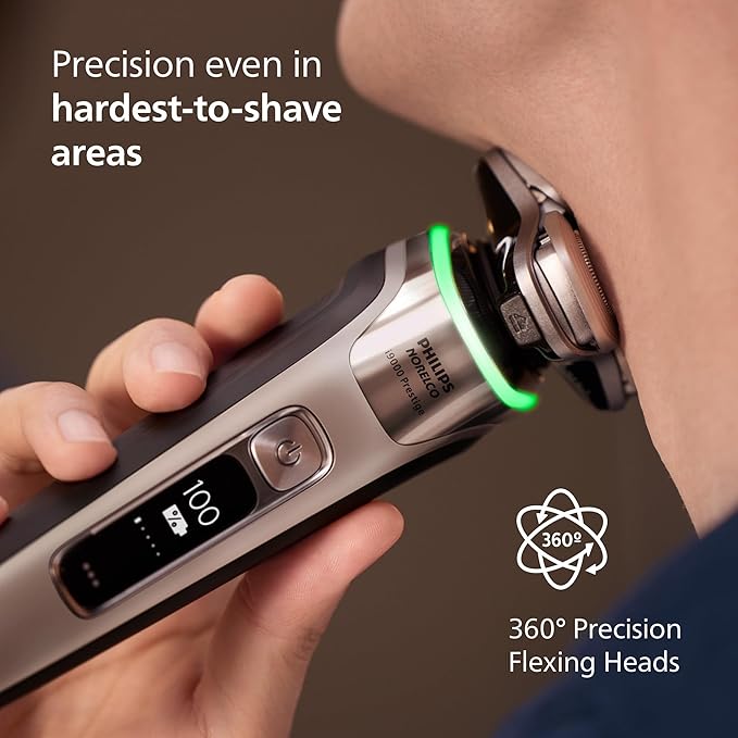 Philips Norelco Shaver i9000 Prestige - Wet &amp Dry Electric Shaver Gold Oyster Sense IQ Technology Triple Lift &amp Cut System 360 Rotating Dual SteelPrecision Blades Quick Clean Pod Model X