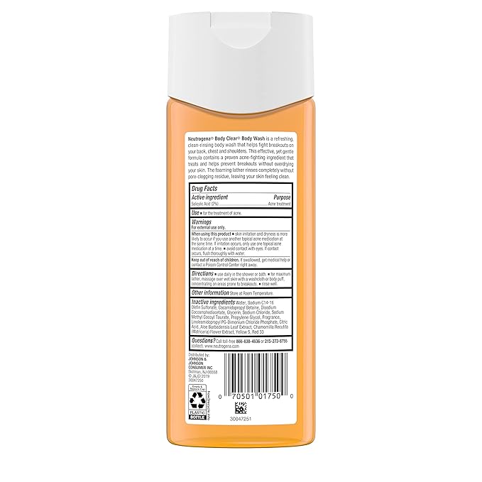 Neutrogena Body Clear Acne Body Wash 2% Salicylic Acid Acne Medication Oil-Free &amp Glycerin for Breakouts on Back Chest &amp Shoulders Non-Comedogenic Gentle on Skin Unscented 8.5 Fl Oz 3