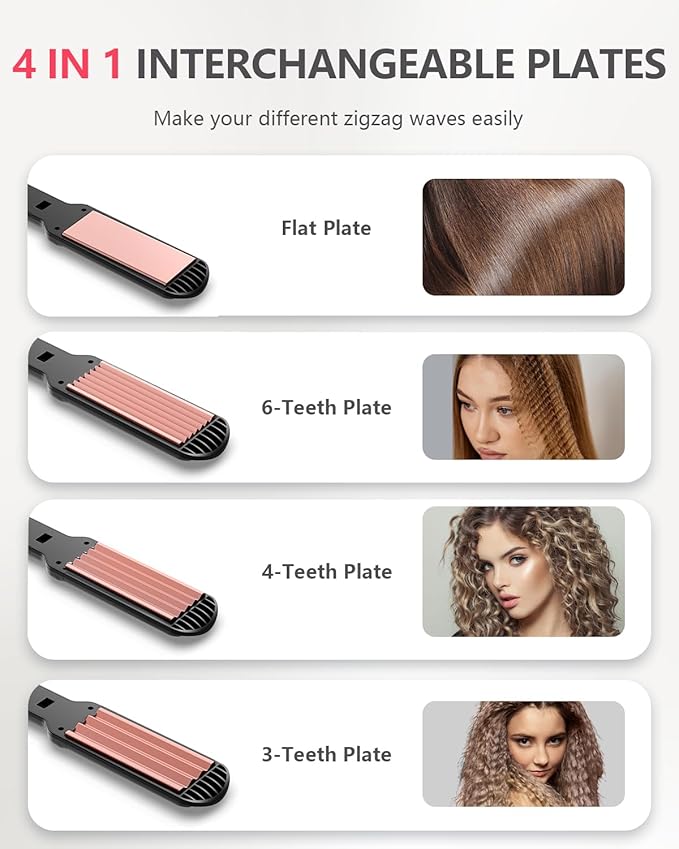 Hair Crimper WaverProfessional Women Hair Straightener Irons 4-in-1 Set Create Zig Zag WavesCrimps Smooth StylesNegative Ions Tourmaline Ceramic Plates Healthy Shiny Less FrizzStyling Tools