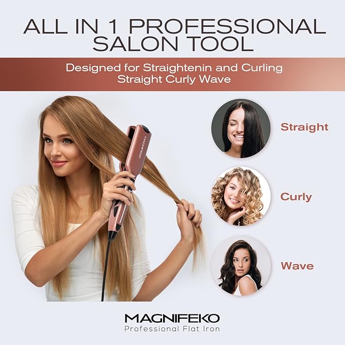 Professional Flat Iron Hair Straightener Wide Plate &amp Digital Display - Dual Voltage Titanium Hair Straighteners (Rosegold)