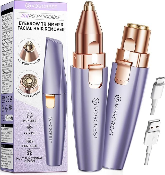 VG VOGCREST Eyebrow &amp Facial Trimmer: 2-in-1 Rechargeable Facial Hair Removal &amp Eyebrow Shaver - Painless Razor with Built-in LED Light (Solar Purple)