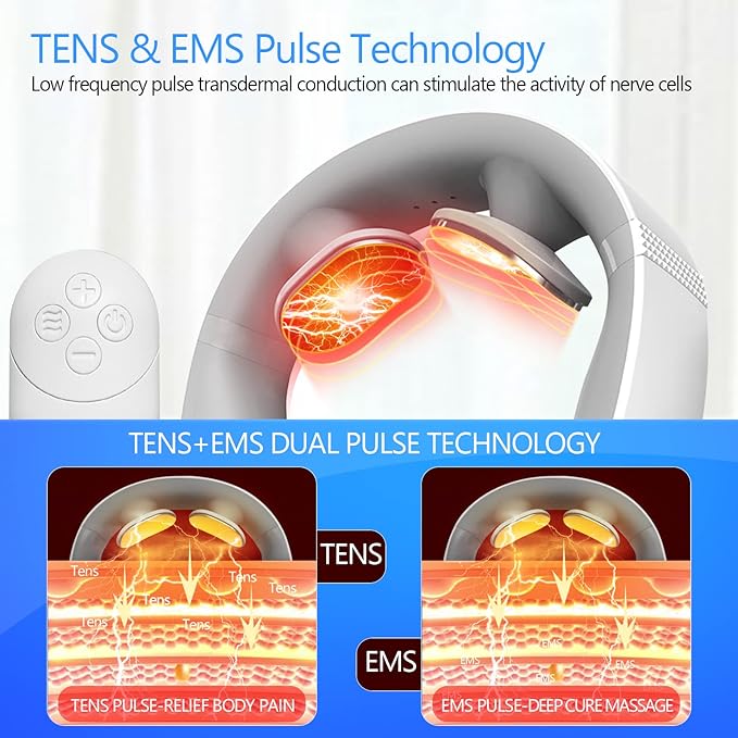 Electric Pulse Neck Massager with Heat for Pain Relief 10 Modes 15 Intensities Therapy Deep Tissue Trigger Point Intelligent Massager Cordless Gifts for Men Women