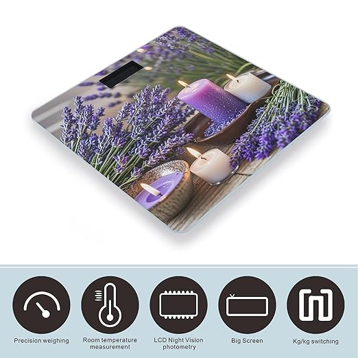 Purple Lavender with Candles Bathroom Scale for Body Weight Bathroom Weighing Scales with Back Lit LED Display Sturdy Tempered Glass Body Weight Bathroom Scale 400lb Weighing