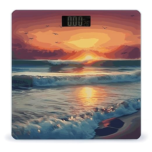 Sunset Seaside Weight Scale Digital Electronic Scales Bathroom Scale Larg LCD Backlight Display High Precision MeasurementsTempered Glass
