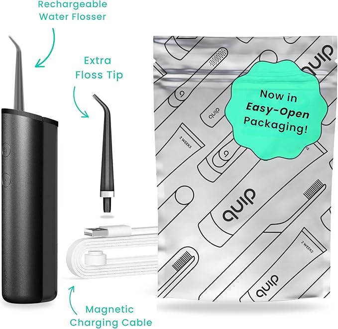 quip Water Flosser with Replacement Tip - Cordless Water Flosser with Adjustable Pressure - Teeth Cleaner Pick with 360 Degree Rotating Replaceable Tip Rechargeable Water Dental Pick - All-Black
