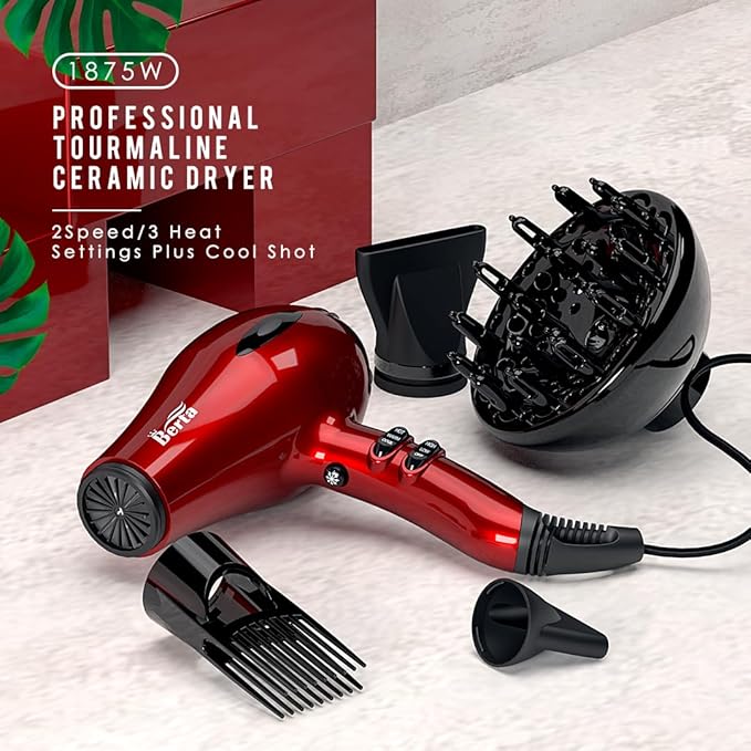 BERTA 1875W Powerful Negative Ions Hair Dryer Ceramic Professional Far Infrared Blow Dryer 2 Speeds 3 Heating Settings (3 Attachments)