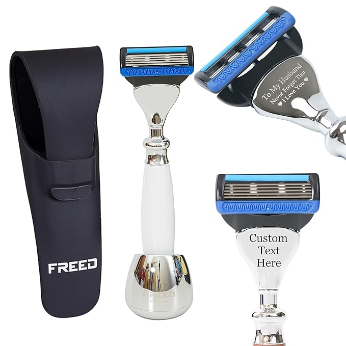 FREED Customized gifts Engraving Shaving Kit - Safety Razor with metal handle include razor base razor travel case and 5 Razor Blade Refillsit's the best gift for men (Pearl White)