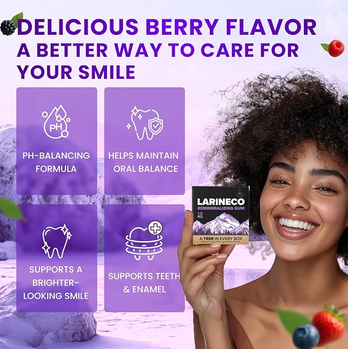 Larineco Remineralizing Gum with Nano Hydroxyapatite &amp Xylitol – Sugar-Free Xylitol Gum – Plastic-Free Dye-Free Aspartame-Free – Natural Base – 36 Pieces (18 Count (Pack of 2) Berry)