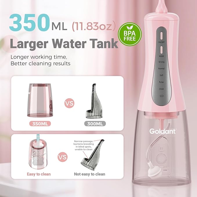 2026 New 350ML Water Flosser with Drainage &amp Storage Stand Keeps Dry &amp Clean 5 Modes 360°Nozzle Cordless Rechargeable IPX7 Waterproof Portable for Home &amp Travel (Pink)