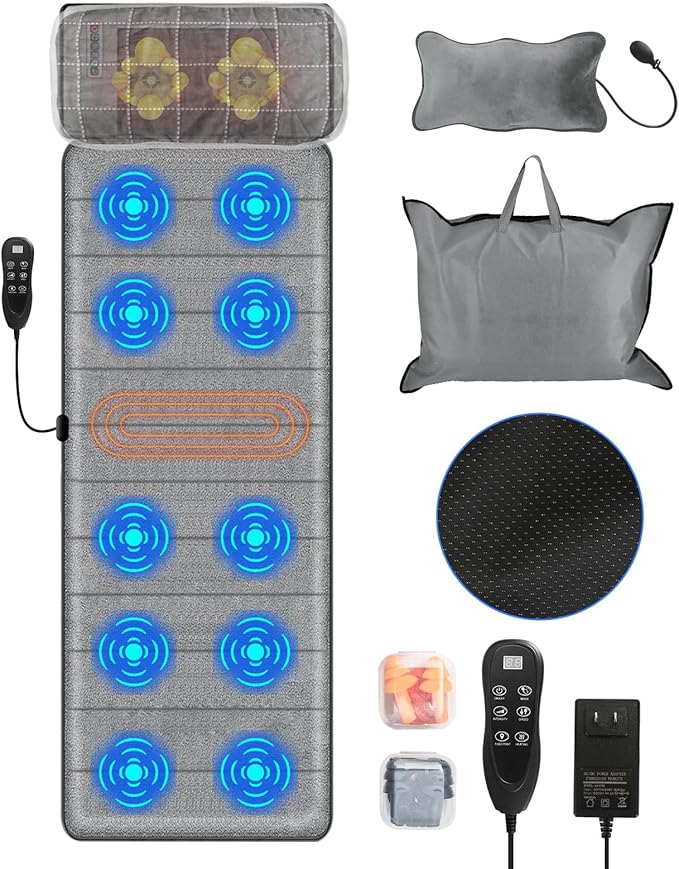 Full Body Massage Mat with HeatElectric Massage Pad with Shiatsu Neck Back Massage PillowMassage Mattress Chair Pad W/ 10 Vibration Motors 3 Heating Levels for NeckBack&ampFull Body Pain Relief