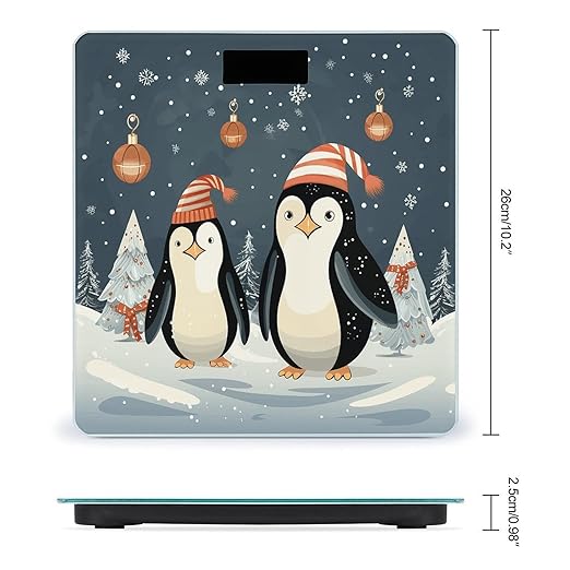 Merry Christmas Penguins Bathroom Scale Large LCD Backlight Display Digital Scale Rounded Corners Body Scales Automatic Power On/Off Bathroom Scales for Home Bedrooms