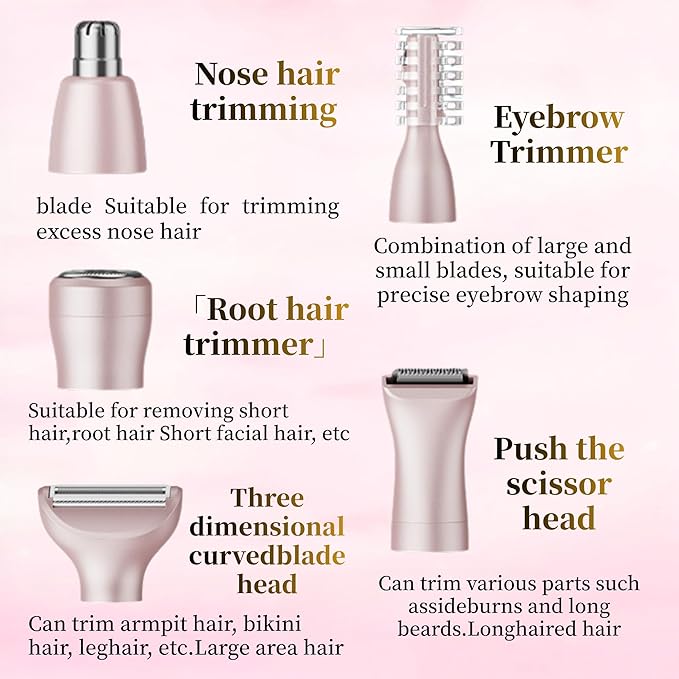 5-in-1 Rechargeable Nose &amp Facial Hair Trimmer - IPX7 Waterproof Dual Edge Grooming Kit for Men &amp Women Perfect for Hair Removal of Nose Eyebrows Arm Bikini and Ear Hair (Pink)