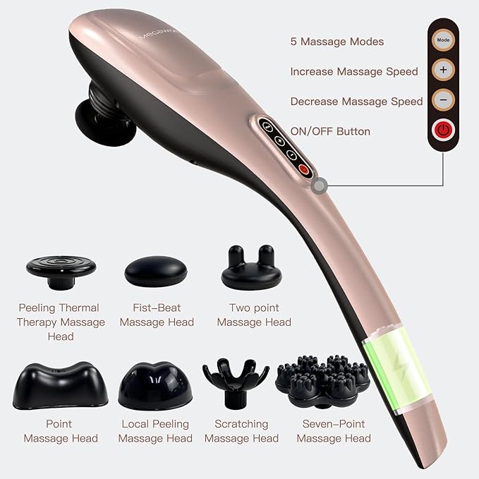 MEGAWISE Cordless Handheld Back Massager w/Rechargeable 3200mAh Battery 5 Speed and 5 +2 Massage Nodes with Hard Medium and 2 Soft Silicone Nodes Massage While Moving Around (Rose Gold)