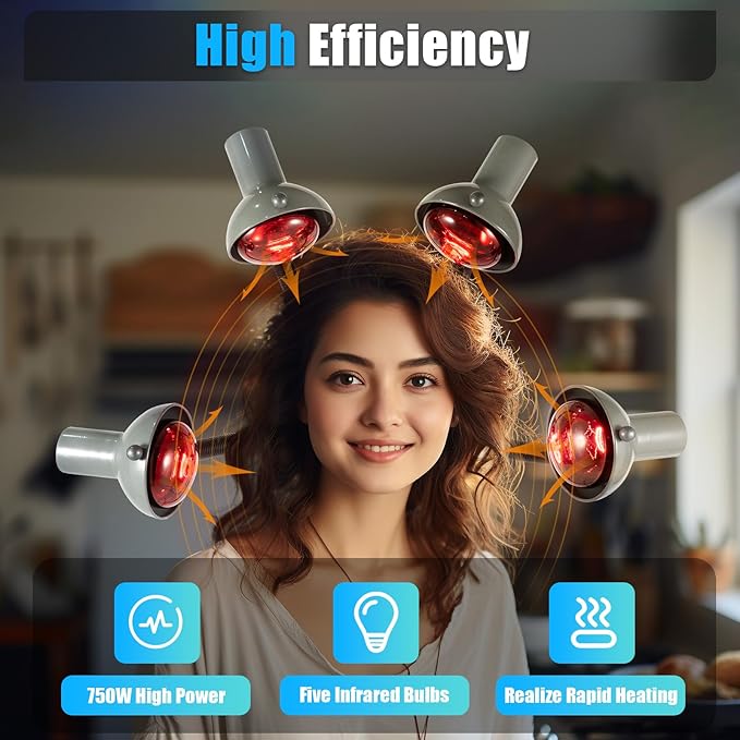 5-Head 750W Infrared Heat Lamp Red Light Floor Hair Dryer Salon Hair Dryer with Floor Stand Color Processor Styling Perming Dryer w/ 40-176°F Temp Control &amp Wheels Grey