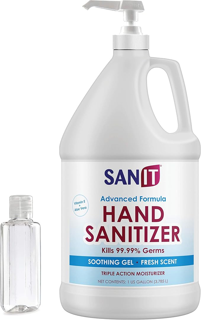 Sanit Moisturizing Hand Sanitizer Gel 70% Alcohol - Kills 99.99% Germs Advanced Formula with Vitamin E and Aloe Vera - Soothing Gel Fresh Scent Made in USA - 1 Gallon with Pump &amp 2oz Refill Bot