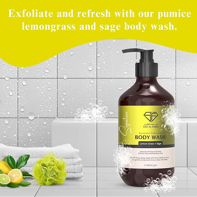 Pumice Body Wash Alcohol Free Scented Infused with Natural Extract | Exfoliating Fine Milled Pumice Body Wash 16.9 Fl Oz (Lemon Grass &amp Sage)