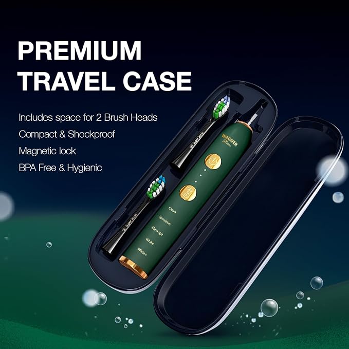 Wagner Stern WHITEN+ Edition. Whitening Electric Toothbrush with Pressure Sensor. Offers 5 Brushing Modes 3 intensities 8 Soft Brush Heads and a Luxury Travel case.