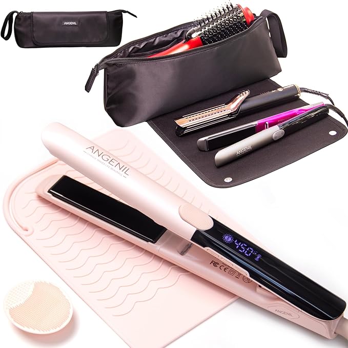 ANGENIL Pro Titanium Flat Iron Hair Straightener and Curler Anti-Scald Dual Voltage with Large Capacity Heat Resistant Travel Bag