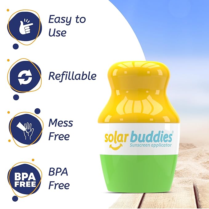 Solar Buddies Sunscreen Applicator - Pink Green Blue - BPA-Free Refillable Roll on Sponge Sunscreen Suncream &amp Lotion Applicator For Kids Adults &amp Families - Holds 3.4fl oz Perfect Travel