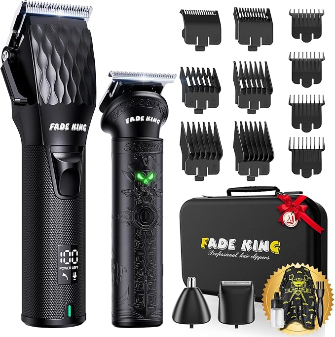 FADEKING® Professional Hair Clippers for Men - Cordless Beard Trimmer for Men LCD Display Hair Clippers and Trimmer Set for Barber Haircut &amp Mens Grooming with Travel Case(Black)