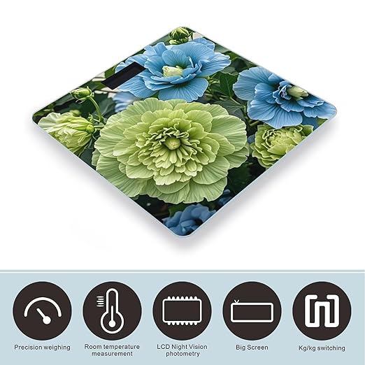 Green and Blue Hibiscus Flowers Scale for Body Weight Highly Accurate Digital Bathroom Body Scale Digital Bathroom Scales for People Anti-Slip Large LCD Display Smart Scales