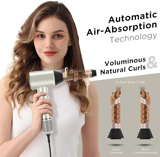 PARWIN PRO BEAUTY Air-Sonic Hair Dryer with Diffuser HD-LED Display &amp 110 000 RPM High Speed Ionic Blow Dryer 1 1/4 Inch Left &amp Right Air Auto-Wrap Curlers Champagne Silver Professional Ve
