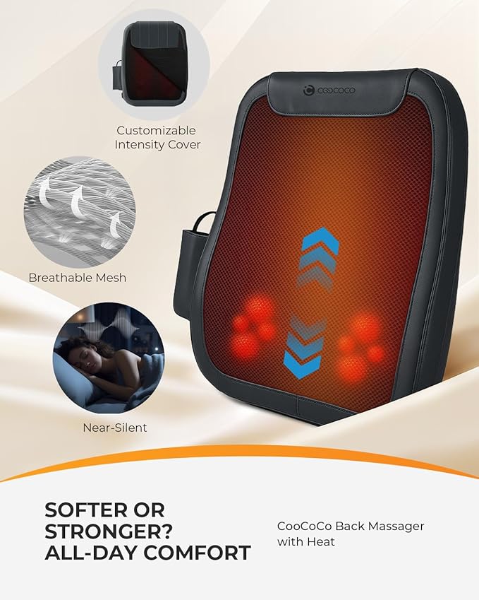 CooCoCo Shiatsu Back Massager for Pain Relief Deep Tissue FSA Eligible HSA Lower Back Massager with Heat 4D Rolling Up and Down Back Massage 2X Larger Heating Area and Faster Heating(Corded)