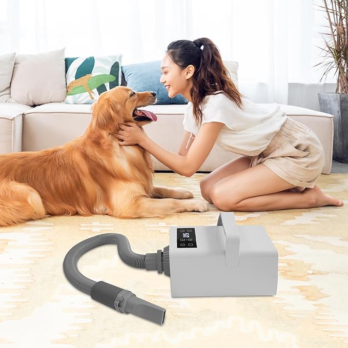 White Pet Hair Dryer 3-Heat Adjustable Dog Cat Grooming Blower Quiet 2-Speed Motor with 4 Snap-On Nozzles Lightweight Home Drying Machine for Small to Large Dogs 110 V 10 ft Hose