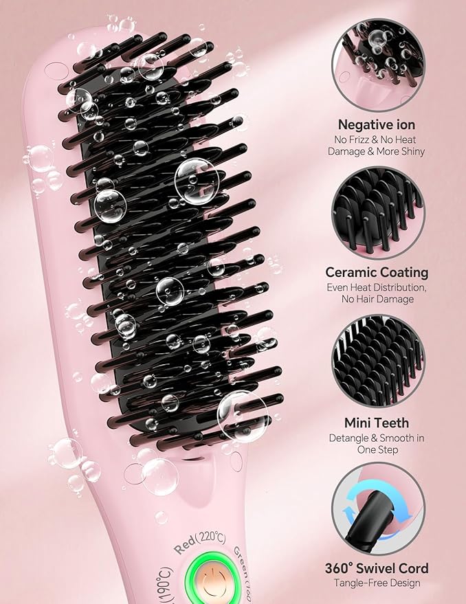 LANDOT Mini Hair Straightening Brush - Compact Ionic Straightening Brush for Frizz-Free Smooth Hair Lightweight Hot Comb &amp Travel-Friendly Flat Iron Blush
