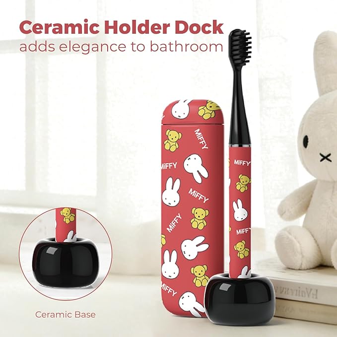 Miffy i4 Slim Sonic Electric Toothbrush Ultra Slim Thin Rechargeable Ultrasonic Smart Tooth Brush Free Petite Travel Case &amp Ceramic Holder Dock for Travel &amp Home IPX7 Waterproof (red)