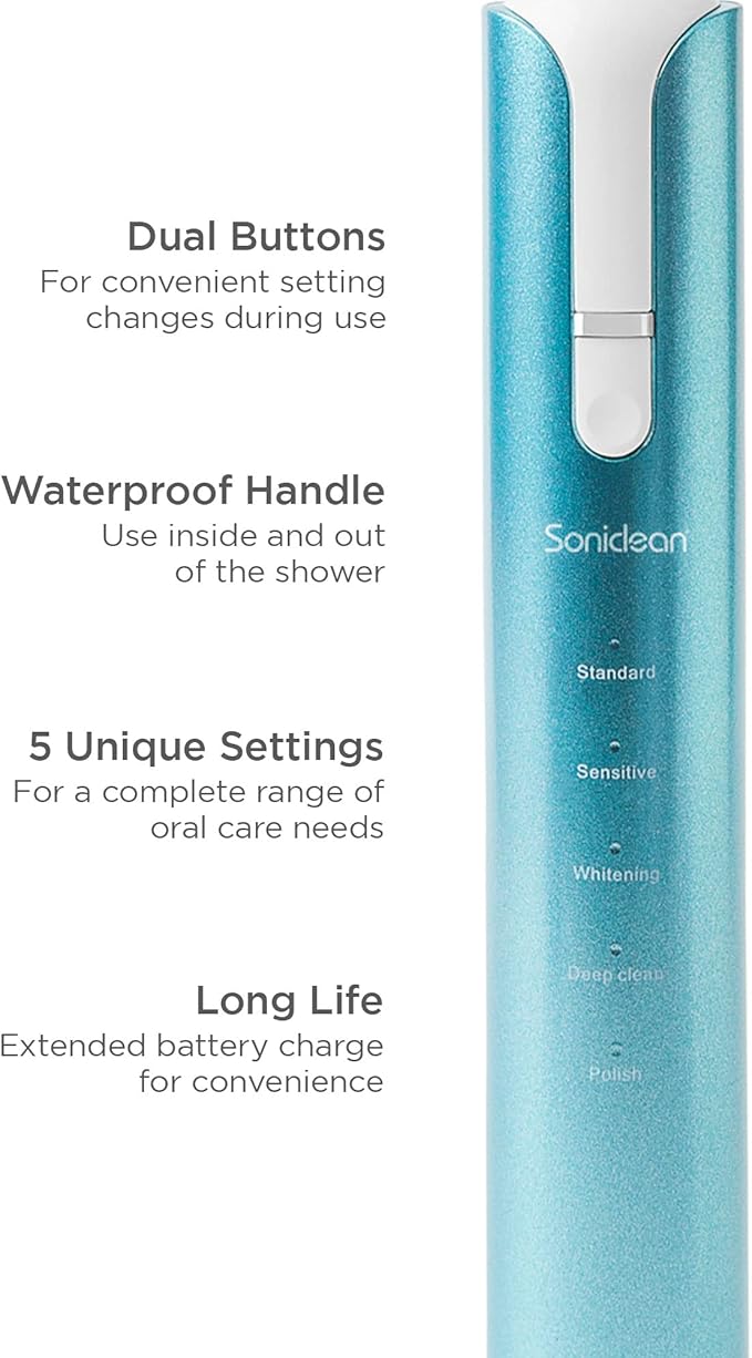 Soniclean Lux Sonic Toothbrush for Adults - 6 Toothbrush Heads Rechargeable Automatic Refills Aqua
